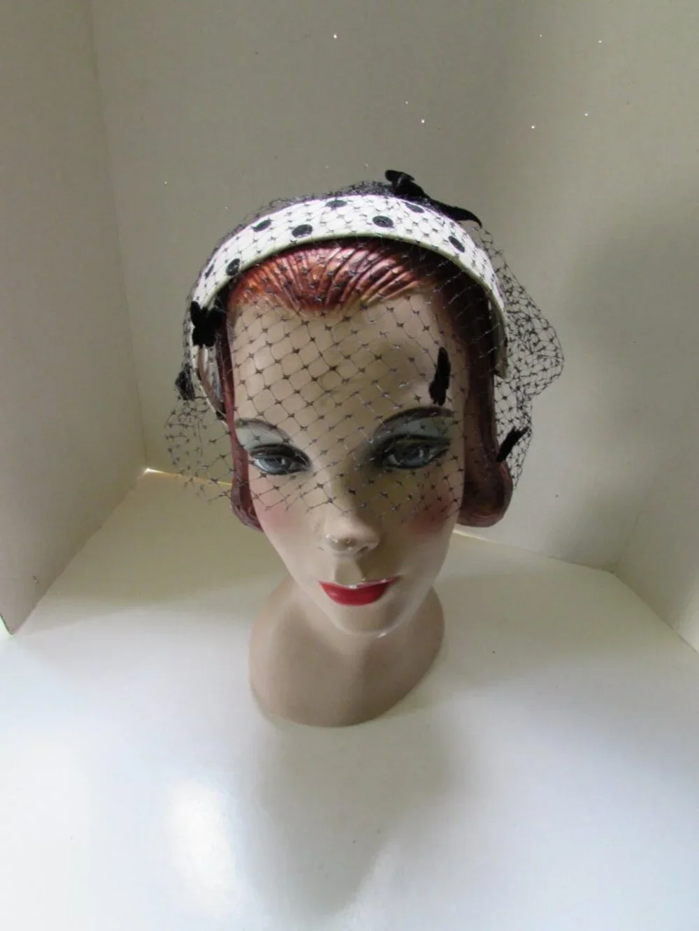 Vintage Head Band Hat White with Black Polka Dots